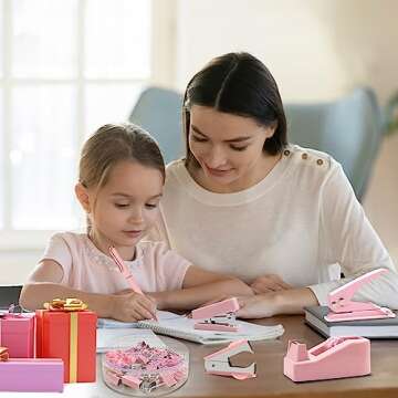 Mini Pink Office Supplies,UPIHO Pink Desk Accessories,Mini Stapler and Tape Dispenser Set, School Supplies with Mini Stapler,Tape Dispenser,Hole Punch,Staple Remover,Staples,Clips,Scissor,Pen and Tabs