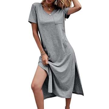 Dyexces Women Summer T Shirt Dress Casual Short Sleeve V Neck Maxi Dresses Loose Side Slit Long Tshi...