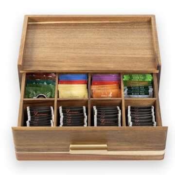 Acacia Wood Tea Bag Organizer, Tea Organizers and Storage Box, Tea Caddy for Tea Bags Storage Drawer, Teabag Holder Container Boxes for Countertop, Tea Station Chest Display Wooden, Organizador De Te