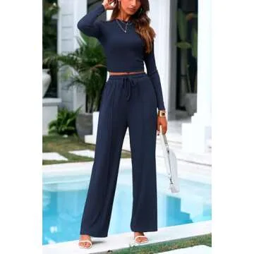 PRETTYGARDEN Women's 2 Piece Loungewear Long Sleeve Crop Top Wide Leg Palazzo Pants Set Tracksuits Casual Outfit (Navy,Large)