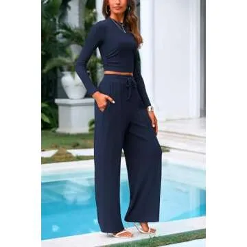PRETTYGARDEN Women's 2 Piece Loungewear Long Sleeve Crop Top Wide Leg Palazzo Pants Set Tracksuits Casual Outfit (Navy,Large)