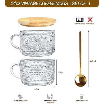Elegant Vintage Glass Coffee Mugs Set with Lids and Spoons
