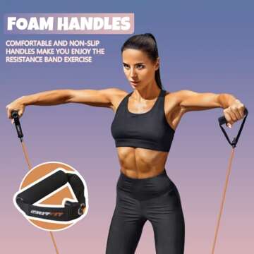 RitFit Single Resistance Exercise Band with Comfortable Handles - Ideal for Physical Therapy, Strength Training, Muscle Toning - Door Anchor and Starter Guide Included (Blue (20-25Lbs))