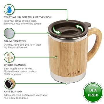 Bluelime Bamboo Coffee Mug – Stainless Steel Wooden Coffee Tea Mug: Insulated – Light & Portable for Office – Lid and Handle – Keeps Drinks Hot or Cold – 10 oz – 100% Eco-Friendly