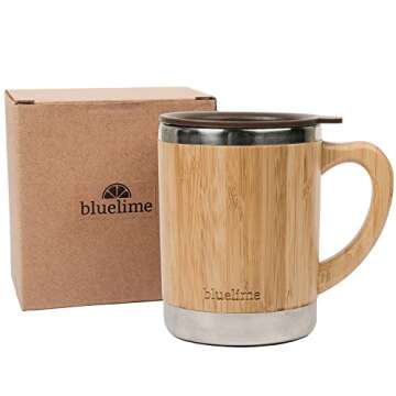 Bluelime Bamboo Coffee Mug – Stainless Steel Wooden Coffee Tea Mug: Insulated – Light & Portable for Office – Lid and Handle – Keeps Drinks Hot or Cold – 10 oz – 100% Eco-Friendly