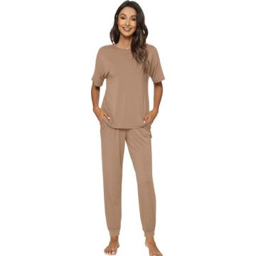 WiWi Viscose from Bamboo Pajamas Set for Women Short Sleeve Loungewear 2 Piece Outfit Long Pants Jog...