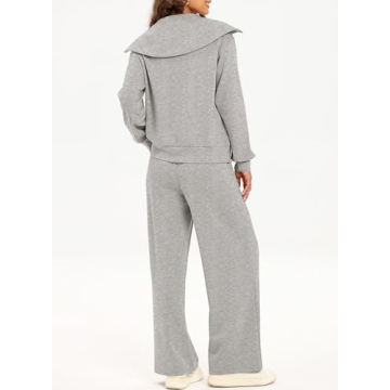 Aleumdr Two Piece Outfit Sweatsuit Wide Leg Sweatpant Lounge Matching Sets Fleece Womens Lounge Set Half Zip Sweatshirt Oversized Pullover Tracksuit 2024 Fall Travel Clothing Grey