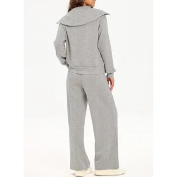Aleumdr Two Piece Outfit Sweatsuit Wide Leg Sweatpant Lounge Matching Sets Fleece Womens Lounge Set Half Zip Sweatshirt Oversized Pullover Tracksuit 2024 Fall Travel Clothing Grey
