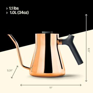 Fellow Stagg Stovetop Pour-Over Coffee and Tea Kettle - Gooseneck Teapot with Precision Pour Spout, Built-In Brew Range Thermometer, Copper, 1 Liter