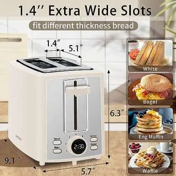 SEEDEEM Toaster 2 Slice, Bread Toaster with LCD Display, 7 Shade Settings, 1.４'' Extra Wide Slots Toaster with Cancel, Bagel, Defrost, Reheat Functions, Removable Crumb Tray, 900W, Cream White