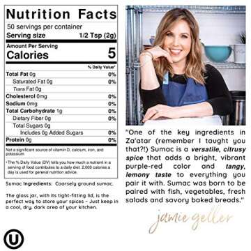 Jamie Geller Sumac Spice Seasoning | Fresh Ground Dried Red Berries (3.5 oz Glass Jar, 100g) OU KOSHER | Mediterranean Seasoning For Zaatar Spice | Dry Rubs For Turkey, Chicken, Meat, Beef, Lamb Chops