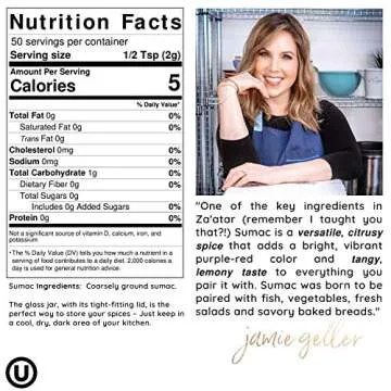 Jamie Geller Sumac Spice Seasoning | Fresh Ground Dried Red Berries (3.5 oz Glass Jar, 100g) OU KOSHER | Mediterranean Seasoning For Zaatar Spice | Dry Rubs For Turkey, Chicken, Meat, Beef, Lamb Chops