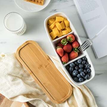 Miamolo 3 Compartment Condiment Tray Hospitality Tray, Chip and Dip Bowl with Wooden Serving Tray, Perfect for Snacks, Appetizers, Charcuterie, Chips, Candy, 10-inch Dip Trays for Parties