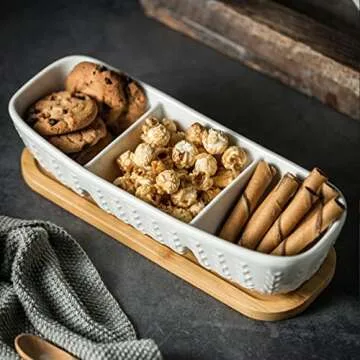 Miamolo 3 Compartment Condiment Tray Hospitality Tray, Chip and Dip Bowl with Wooden Serving Tray, Perfect for Snacks, Appetizers, Charcuterie, Chips, Candy, 10-inch Dip Trays for Parties