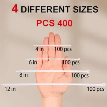 Zip Ties Assorted Sizes 4+6+8+12 Inch, 400 Pack, White Cable Ties for Multi-Purpose, Nylon/Plastic W...