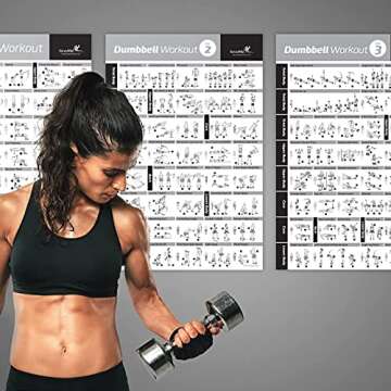 NewMe Fitness Workout Posters for Home Gym, Dumbbell Exercise Posters for Full Body Workout, Core Abs Legs Glutes & Upper Body Training Program (Vol 1,2,3-3 Pack)