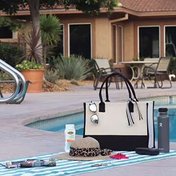 VANESSA ROSELLA Beach Tote Bag Large - Chic Tote Bag for Pool Gym Travel Cruise Picnic Road Trip (Black - Cabana Life)