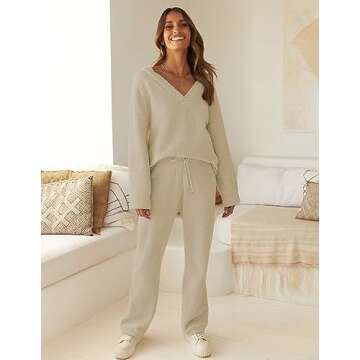 MEROKEETY Women's 2 Piece Outfits Fuzzy Fleece Pajama Set Long Sleeve Top Wide Leg Pants Loungewear,Lightkhaki,L