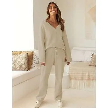 MEROKEETY Women's 2 Piece Outfits Fuzzy Fleece Pajama Set Long Sleeve Top Wide Leg Pants Loungewear,Lightkhaki,L
