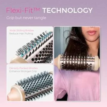 TYMO Thermal Brush Heated Round Brush - STYLUX Blowout Brush with Flexi-Fit Tech for Hair Straightening, Curling Brush Styler Tools, Straightener and Curler 2 in 1, Dual Voltage, Quick & Easy, Pink
