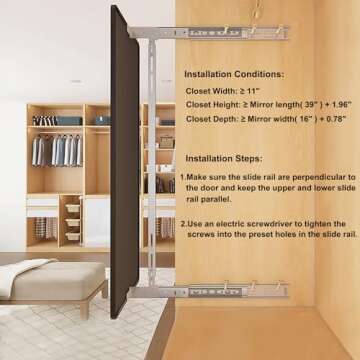 Hideaway Closet Mirror, Retractable Full Length Mirror, 39" x 16" Wall Mounted Mirror, Suitable for Bedroom, Locker Room, Cloakroom