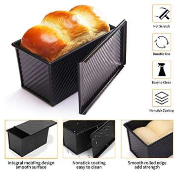 CHEFMADE Loaf Pan 2 Pcs, Non-Stick Bread Pan Carbon Steel Toast Pan with Cover for Baking Bread - Black