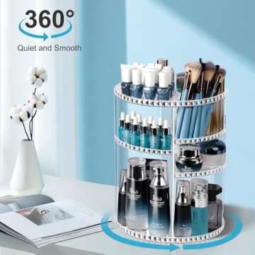 360° Rotating Makeup Organizer, Large Capacity Vanity Organizer with DIY Adjustable Trays, Makeup B...