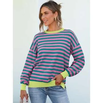ANRABESS Womens Oversized Striped Sweaters Long Sleeve Crewneck Casual Side Slit Pullover Shirts 2025 Spring Trendy Tops Green Pink X-Large