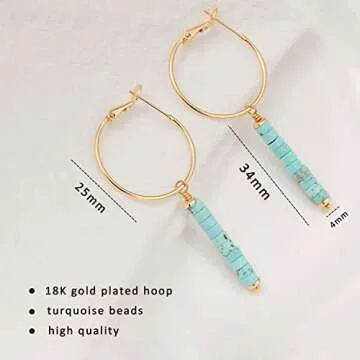 SOFYBJA Gold Huggie Hoop Drop Dangle Earrings Turquoise Beads Gemstone Earrings Boho Handmade Lightweight Jewelry for Women