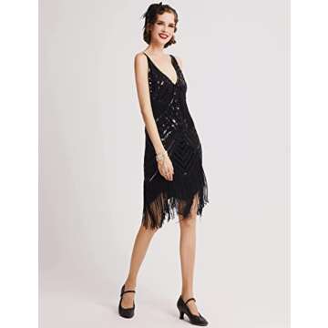BABEYOND Women's 1920s Flapper Dress V Neck Slip Dress Roaring 20s Great Gatsby Dress for Party (Bla...