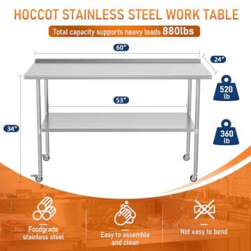 HOCCOT Stainless Steel Prep & Work Table with Adjustable Shelf, with Backsplash and Wheels, Kitchen ...
