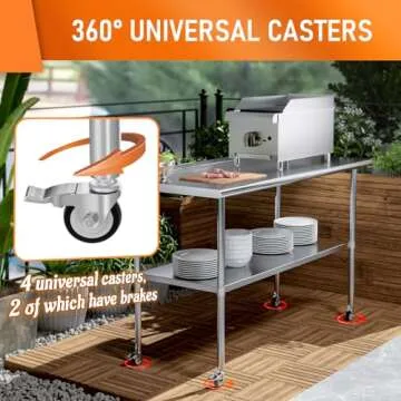 HOCCOT Stainless Steel Prep & Work Table with Adjustable Shelf, with Backsplash and Wheels, Kitchen Island, Commercial Workstations, Utility Table in Kitchen Garage Laundry Room Outdoor BBQ, 24" X 60"