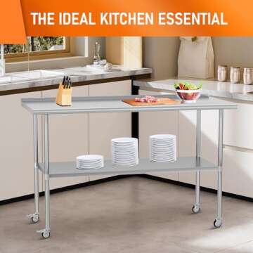 HOCCOT Stainless Steel Prep & Work Table with Adjustable Shelf, with Backsplash and Wheels, Kitchen Island, Commercial Workstations, Utility Table in Kitchen Garage Laundry Room Outdoor BBQ, 24" X 60"
