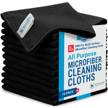 12" x 12" Pro Multi-Surface Microfiber Cleaning Cloths | Black - 12 Pack | Premium Microfiber Towels...
