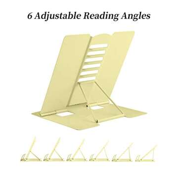 MSDADA Desk Book Stand Metal Reading Rest Book Holder Adjustable Cookbook Documents Holder Portable Sturdy Bookstands for Recipes Textbooks Tablet Music Books with Page Clips (Light Yellow)