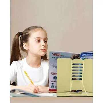 MSDADA Desk Book Stand Metal Reading Rest Book Holder Adjustable Cookbook Documents Holder Portable Sturdy Bookstands for Recipes Textbooks Tablet Music Books with Page Clips (Light Yellow)