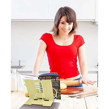 MSDADA Desk Book Stand Metal Reading Rest Book Holder Adjustable Cookbook Documents Holder Portable Sturdy Bookstands for Recipes Textbooks Tablet Music Books with Page Clips (Light Yellow)