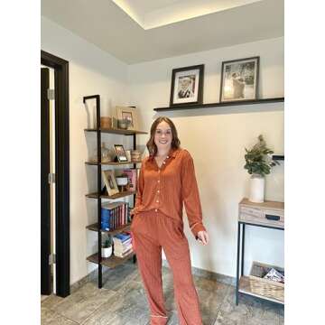 Ekouaer Womens Pajama Sets Long Sleeve Sleepwear Button Down Loungewear Soft 2 Piece Pj Set with Pockets Caramel M