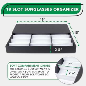 ProSource 18 Slot Sunglasses Organizer Box Stand Display Case/Tray, Fabric Lined & Snap Close