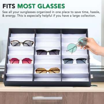 ProSource 18 Slot Sunglasses Organizer Box Stand Display Case/Tray, Fabric Lined & Snap Close