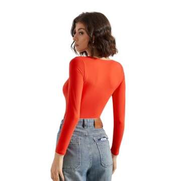 SUUKSESS Women Double Line Scoop Neck Thong Bodysuit Round Neck Long Sleeve Tops(Red, S)