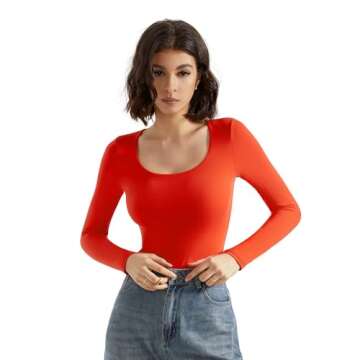 SUUKSESS Women Double Line Scoop Neck Thong Bodysuit Round Neck Long Sleeve Tops(Red, S)