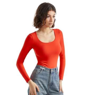 SUUKSESS Women Double Line Scoop Neck Thong Bodysuit Round Neck Long Sleeve Tops(Red, S)