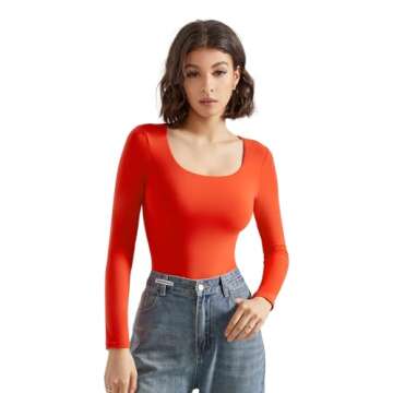 SUUKSESS Women Double Line Scoop Neck Thong Bodysuit Round Neck Long Sleeve Tops(Red, S)