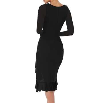 BORIFLORS Women's Sexy Ruched Bodycon Midi Dresses Elegant Mesh Long Sleeve Square Neck Ruffle Hem C...
