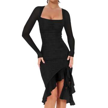 BORIFLORS Women's Sexy Ruched Bodycon Midi Dresses Elegant Mesh Long Sleeve Square Neck Ruffle Hem Cocktail Party Dress
