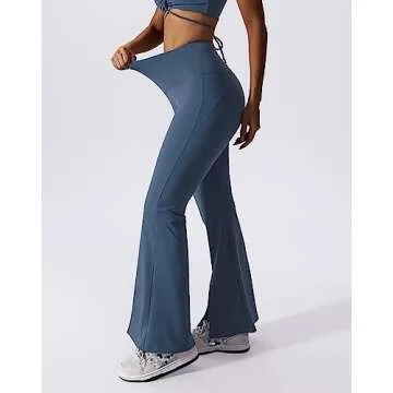 ABOCIW Workout Sets for Women 2 Piece V Neck Sports Bra Tank Top High Waist Bootcut Yoga Pants Slit Hem Tummy Control Flare Leggings Gym Yoga Outfits Activewear #2 Dark Blue Large