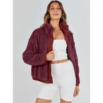ANRABESS Womens Fleece Jacket Casual Long Sleeve Cropped Sherpa Button Down Fuzzy Warm Coats Fall Outwear With Pockets Burgundy Medium