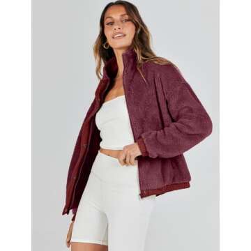 ANRABESS Womens Fleece Jacket Casual Long Sleeve Cropped Sherpa Button Down Fuzzy Warm Coats Fall Outwear With Pockets Burgundy Medium