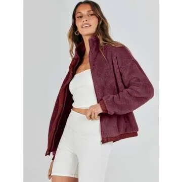 ANRABESS Womens Fleece Jacket Casual Long Sleeve Cropped Sherpa Button Down Fuzzy Warm Coats Fall Outwear With Pockets Burgundy Medium